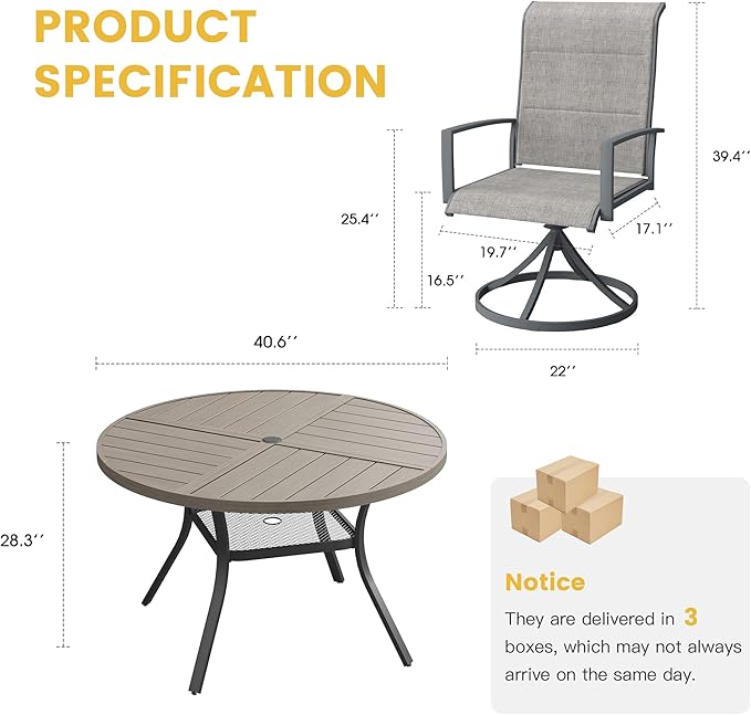 VICLLAX Patio Dining Set for 4, 4 Seats Outdoor Furniture Includes 40.7" Round Patio Table and Swivel Padded Chairs, Grey Wood Grain Tabletop and Grey Fabric