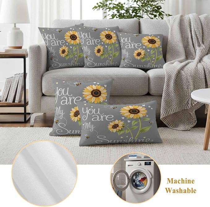 Outdoor Pillow Covers Letters You are My Sunshine Decorative Throw Pillow Covers, Pastoral Sunflowers on Gray Throw Cushion Case with Zipper for Patio,Couch,Sofa,Garden 18x18in Set of 2