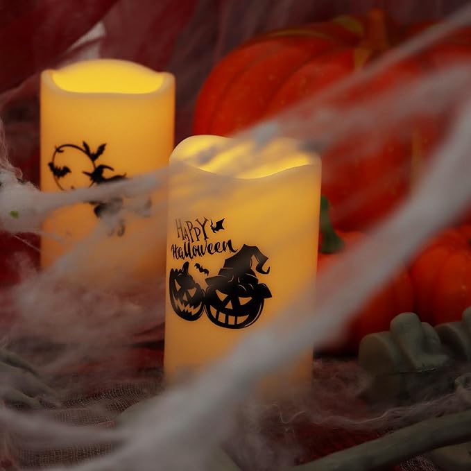CANDLE CHOICE Outdoor Battery Operated Flameless Pillar Candles with Auto Daily Timer Waterproof Realistic Flickering Electric LED Lights with Pumpkin Witch Decals Halloween Decorations 3”X5” 2 Pack