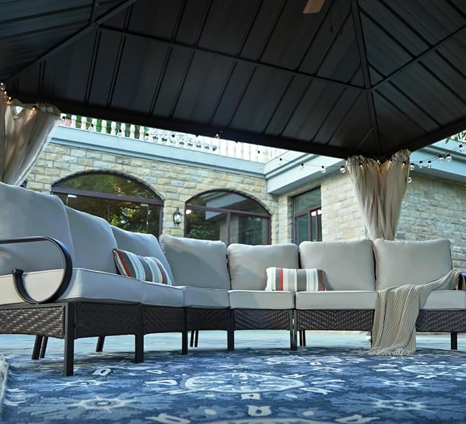 PHI VILLA 6 Piece Half Moon Patio Furniture Set, Outdoor Curved Wicker&Metal Sectional Conversation Set for Garden Balcony and Backyard