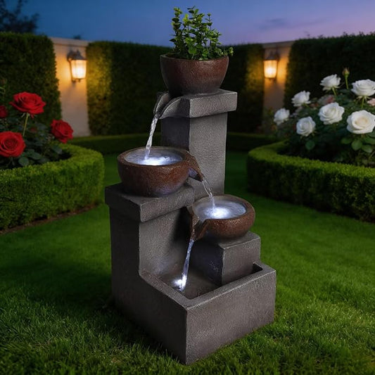23.6'' Outdoor Water Fountain with LED Lights & Planter - 3 Tier Cascading Garden Waterfall Fountain, Modern Resin Relaxing Water Feature for Patio Backyard Lawn Porch Home Yard Decor