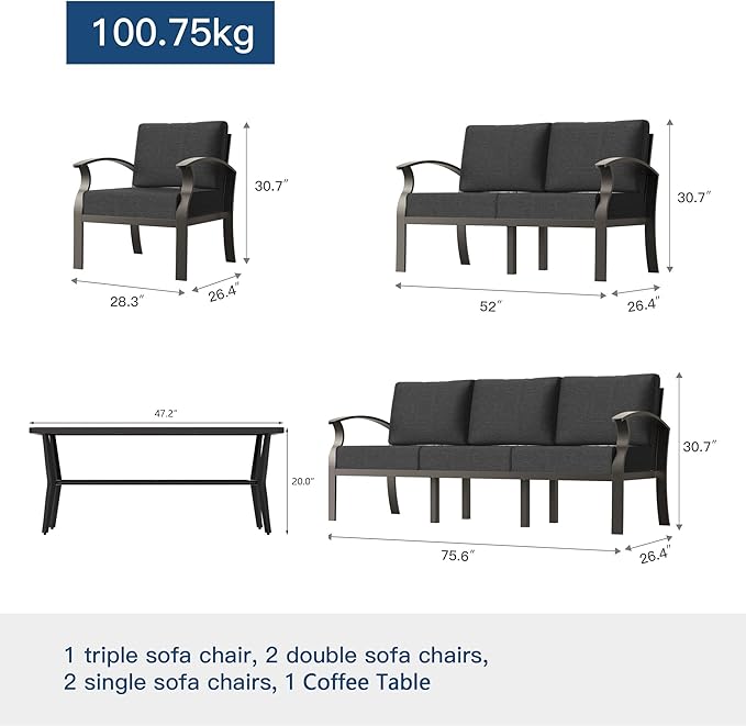 Kullavik Aluminum Patio Furniture Set with Rectangular Coffee Table,7-seat Metal Outdoor Sectional Furniture w/5.1" Cushions,Patio Conversation Sets for Garden,Backyard,Porch-Black