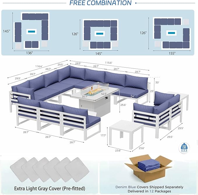 NICESOUL 15 Piece Extra Large Aluminum Outdoor Furniture Set with Firepit, Luxury Patio Sectional with Coffee Table, 500lbs Sturdy Comfortable Couch Sofa Conversations for Outside Garden, Denim Blue