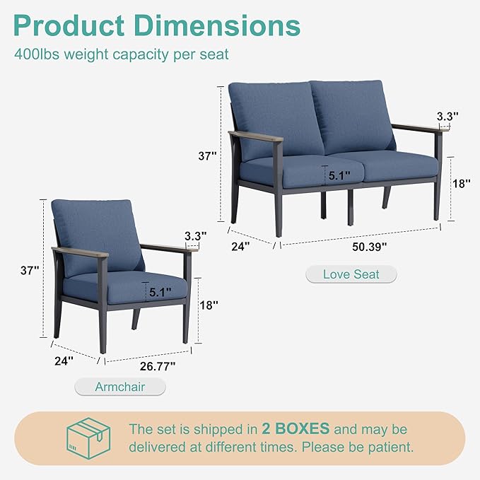 4-Seat Outdoor Patio Furniture Set Aluminum Sectional Sofa Set, Patio Conversation Set with High Backrest & Thickened Cushions for Garden, Backyard, Poolside, Navy Blue