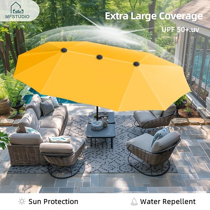 MFSTUDIO 13ft Outdoor Patio Umbrella, Double Sided Large Rectangular Umbrella Market Table Twin Triple Rectangle Umbrellas with Crank Handle for Outside Picnic Backyard Deck Pool (no base)