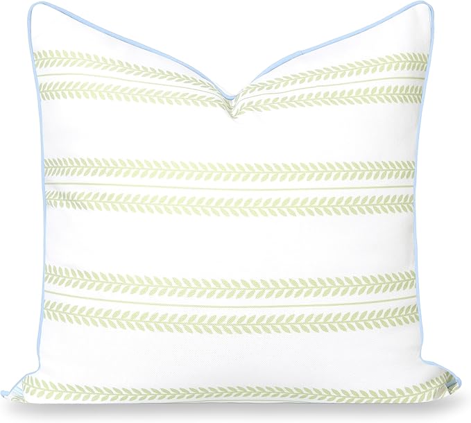Hofdeco Premium Grandmillennial Coastal Hampton Patio Indoor Outdoor Throw Pillow Cover Only, 22"x22" Water Repellent for Backyard, Couch, Poolside, Grass Green Baby Blue Print Leaf Striped