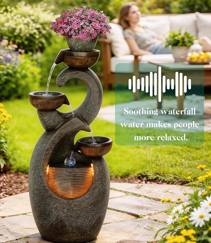 36.6" Outdoor Fountain Modern Waterfall Garden Fountain with LED Lights and Pump Outdoor Rock Fountain Decor for Garden, Porch, Patio