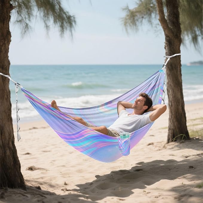Iridescent Holographic Glitter Wallpaper Outdoor Hammock with Portabl Carry Bag Swing Hammock for Camping Travel Accessories