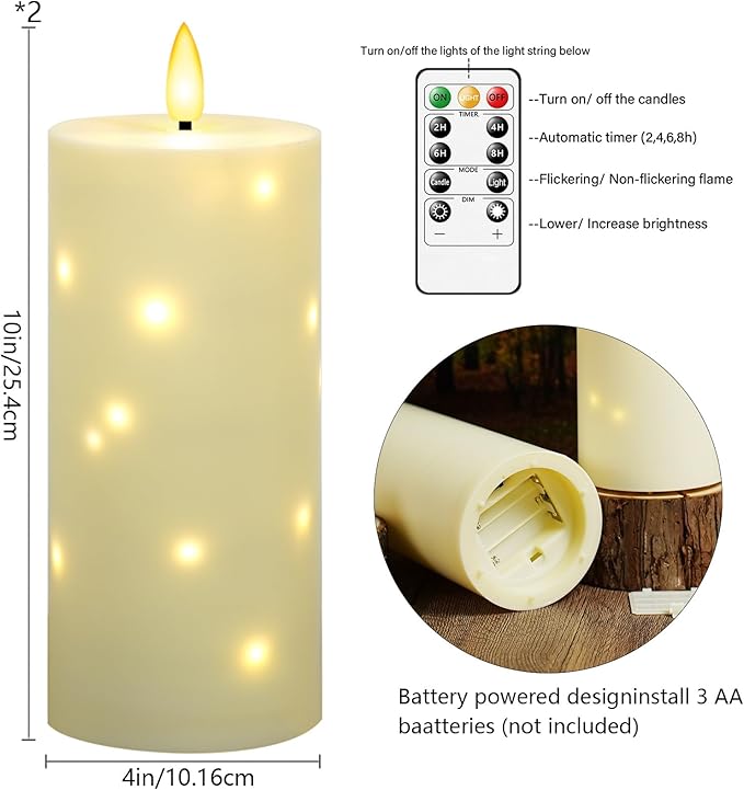 kakoya 10" x 4" Large Outdoor Waterproof Flickering Flameless Candles with Timer,2Pcs Battery Operated LED Pillar Candles with Embedded Star String for Outdoor Lanterns,Porch,Patio Decor(Ivory)