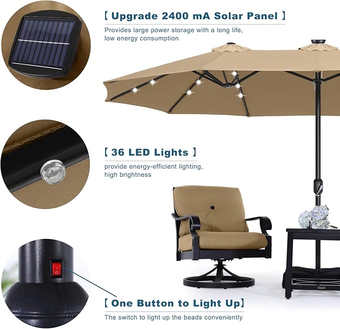 ABCCANOPY 15ft Umbrella Outdoor Patio Solar Lights with Base, Outdoor Double-Sided Rectangle Umbrella for Poolside, Lawn, Backyard (Khaki)