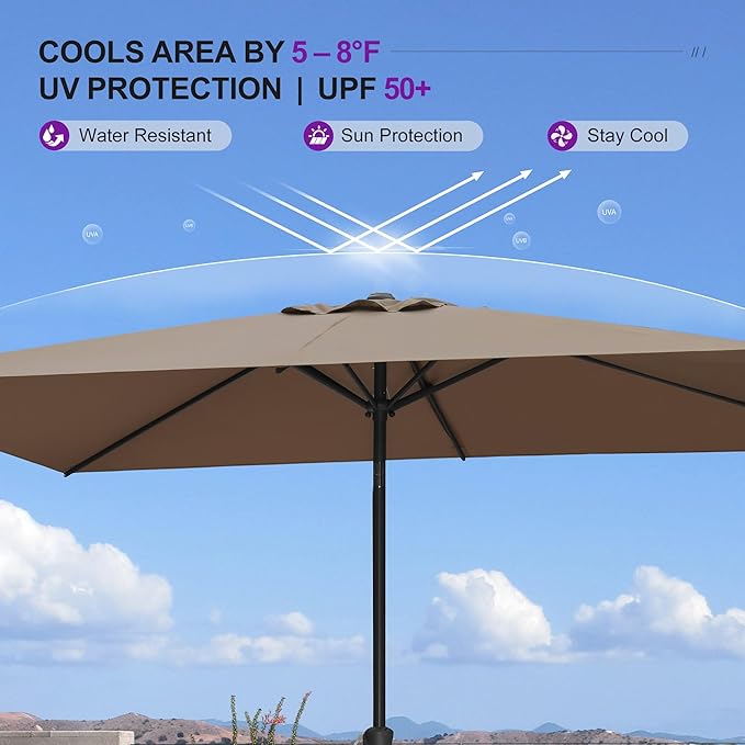 PURPLE LEAF 8' x 8' Square Patio Umbrella Outdoor Table Umbrella Aluminum Frame Market Umbrella with 8 Sturdy Ribs & Tilt for Garden Deck Lawn Pool Taupe