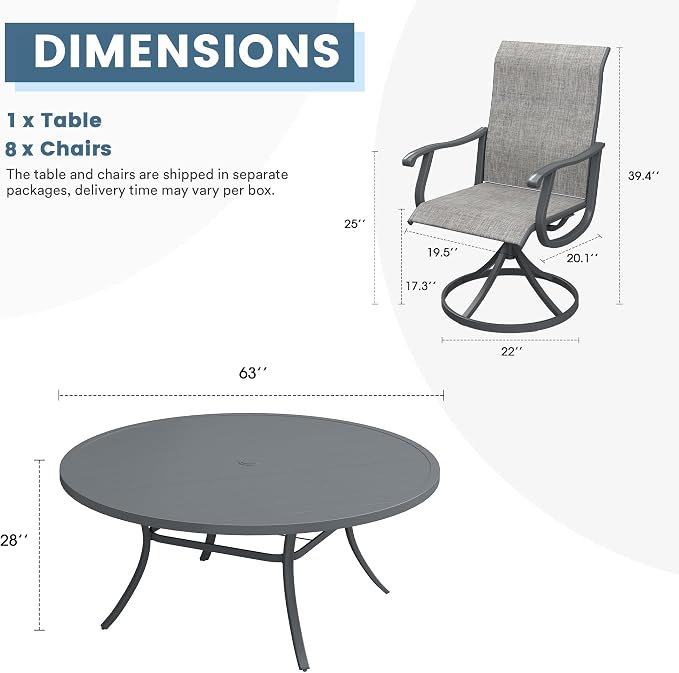 DIFY Outdoor Dining Set for 8, 9 Piece Patio Table and Chairs Set, Swivel Patio Dining Chairs with Textilene Fabric & 63" Round Metal Dining Table with Umbrella Hole, for Garden Backyard Deck, Grey