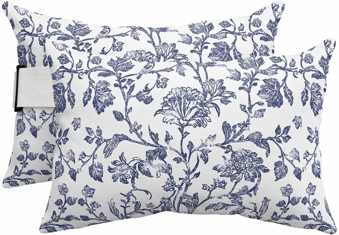 Pack of 4 Outdoor Lumbar Pillow Covers 12x20 Inch, Blue Flower Waterproof Throw Pillow Covers Set, Spring Leaf Vintage Farmhouse Boho Plant Indoor&Outdoor Cushion Cases for Patio Porch Beach