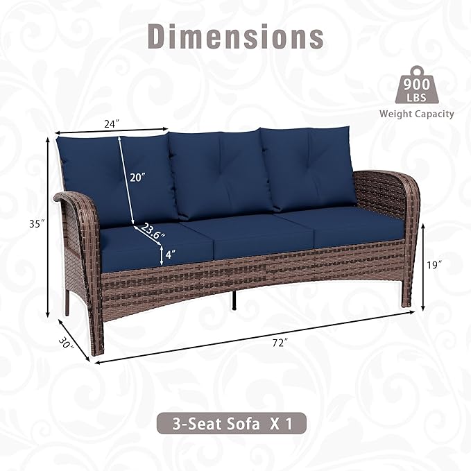 Patio 3-Seater Sofa, PE Wicker Outdoor Lounge with Thick Removable Cushions, Rust-Proof Steel Frame, 900LBS Capacity, Blue