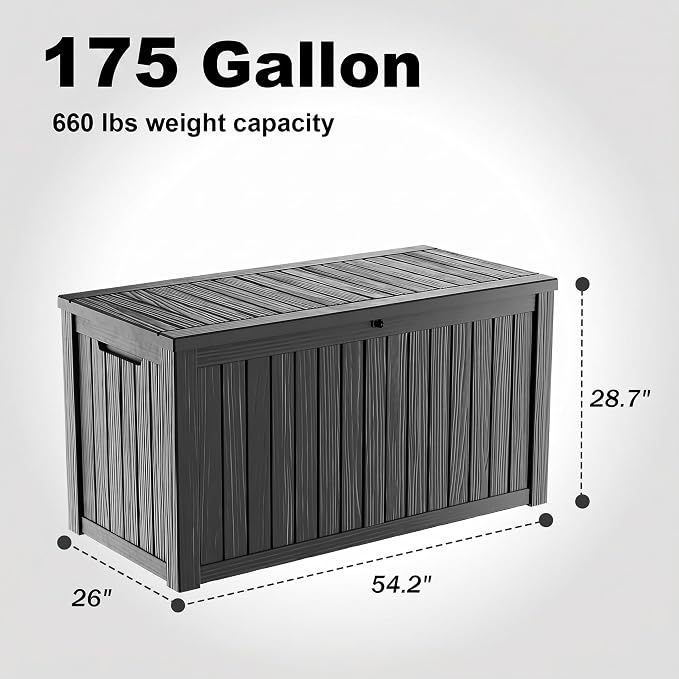 175 Gallon Outdoor Deck Storage Box, All Weather Vertical Wood Grain Lockable Storage Chest for Pool, Patio & Backyard Extra Large Outdoor Gear Storage (Black,175GAL)