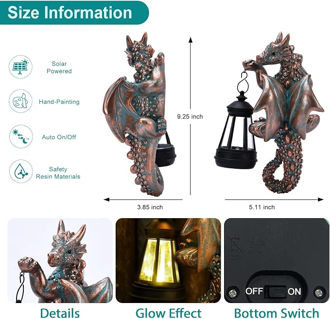 Goodeco Dragon Tree Hugger Garden Statue with Solar Lantern - 2 Pack 9.3 Inch Resin Dragon Decor for Outdoor, Perfect Dragon Gifts & Yard Decor（Bronze, 2-Pack）