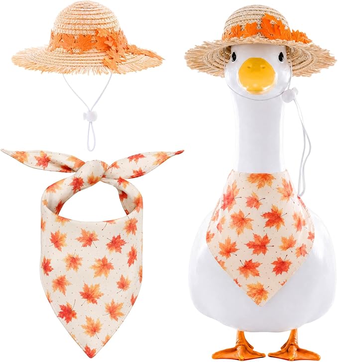 2Pcs Fall Outfit for Porch Goose - Autumn Maple Leaf Bowknot Straw Hat with Bib Accessories for 23'' Cement Statue, Garden Lawn Thanksgiving Halloween Outdoor Decoration