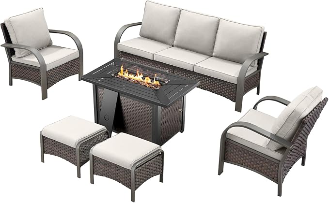 HUMMUH Outdoor Patio Furniture Set with Fire Pit-PE Wicker Patio Chairs Set of 2 with Rattan Sofa Patio Conversation Set for Deck Porch Garden Poolside Backyard-Brown/Beige