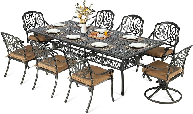 MEETWARM 9-Piece Outdoor Patio Dining Set for 8, All Weather Cast Aluminum Patio Funiture Table and Chairs Set- 94.5” Rectangular Table and 2 Swivel Rocker Chairs, 6 Stationary, Umbrella Hole, Khaki