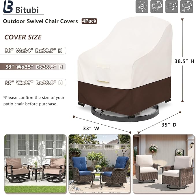 Bitubi Waterproof 4 Pack Outdoor Swivel Chair Cover for Patio Chair Size Up to 33W x 35D x 38.5H inch,Outdoor Lawn Patio Furniture Covers (Brown)