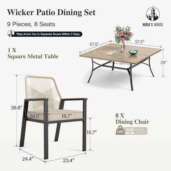 HERA'S HOUSE Patio Dining Set for 8, Metal Square Table & Rattan Chairs | 8 cushioned chairs + steel table. Waterproof, stain-resistant & wipe-clean. Ideal for Outdoor, backyard & poolside.