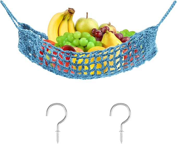 Macrame Fruit Hammock 1 Pack Cotton Fruit Holder Net Under Cabinet Veggie Storage Space Saving Kitchen Decor with Hooks (Azure Blue)