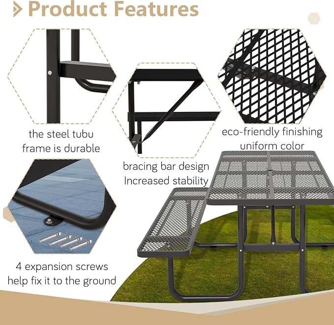 Coated Steel Heavy Duty Picnic Table for Outdoors 2200 lbs Load, Rectangular Camping Table with 1.78" Umbrella Hole, Commercial Picnic Table with Benches, Black