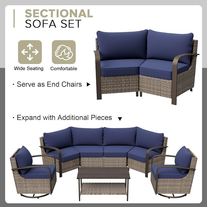COOS BAY Aurora Terrace 4 Piece Outdoor Sectional Furniture Set, Half Moon Rattan Wicker Conversation Set with 5 Seat Sofa & Coffee Table for Patio Garden Yard, Beige/Blue