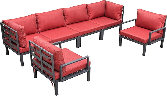 LeisureMod Hamilton Modern 6-Piece Modular Outdoor Sectional Aluminum Patio Conversation Set with Removable Cushions for Patio, Lawn, Garden, Poolside (Red)