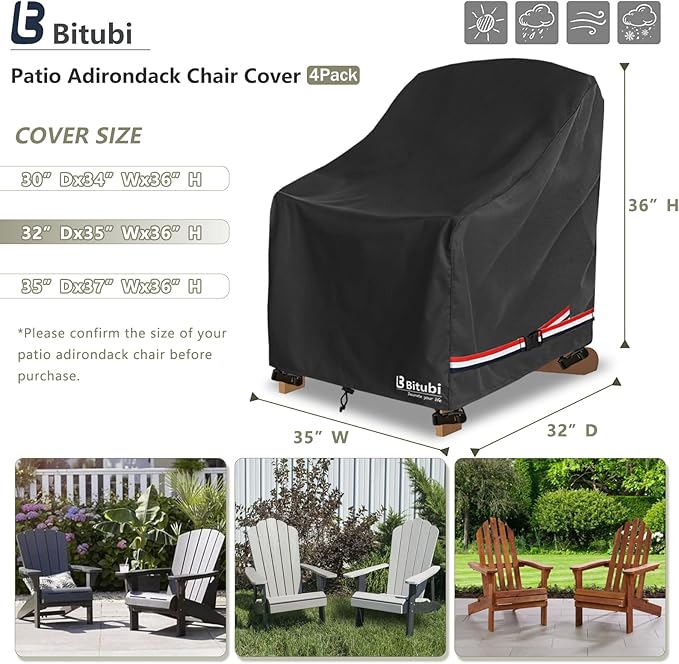 Bitubi Waterproof 4 Pack Patio Adirondack Chair Cover for Outdoor Chair Size Up to 32W x 35D x 36H inch,Outdoor Lawn Patio Furniture Covers (Black)