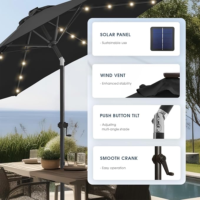 wikiwiki 9FT Solar Led Patio Umbrella with Base Included, 32 LED Lights, 8 Sturdy Ribs, Fade Resistant Waterproof POLYESTER DTY Canopy for Garden, Lawn, Deck, Backyard & Pool, Black