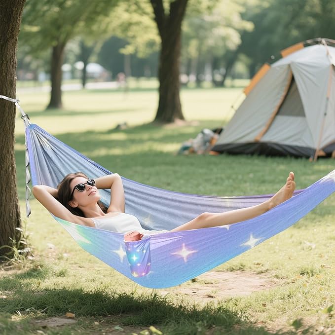 Childish Neon Star Gradient 330lb Capacity Camping Hammocks with Tree Straps Indoor Hammock for Camping Travel Accessories hamaca con soporte para adultos