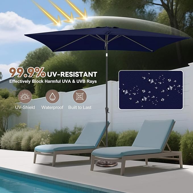 FLAME&SHADE 6.5 x 10 ft Rectangular Patio Umbrella with Push Button Tilt & Crank, Table Market Rectangle Rectangle Umbrella Outdoor for Yard, Pool, Garden, Porch(Navy Blue)
