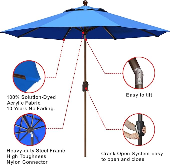 EliteShade USA 10-Year-Non-Fading 9Ft Market Patio Umbrella, UPF 50+ UV Protection Performance Sun Umbrella, Heavy Duty Commercial Grade Outdoor Table Umbrella with Crank & Tilt, Windproof Vented Top for Garden, Pool, Deck and Outdoor Playsets, Royal Blue