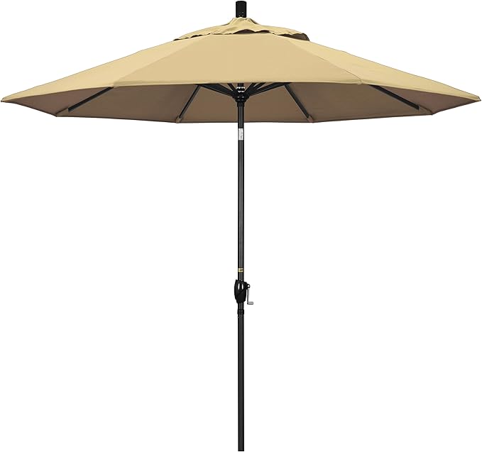 California Umbrella 9' Round Aluminum Market Umbrella, Crank Lift, Push Button Tilt, Black Pole, Pacifica