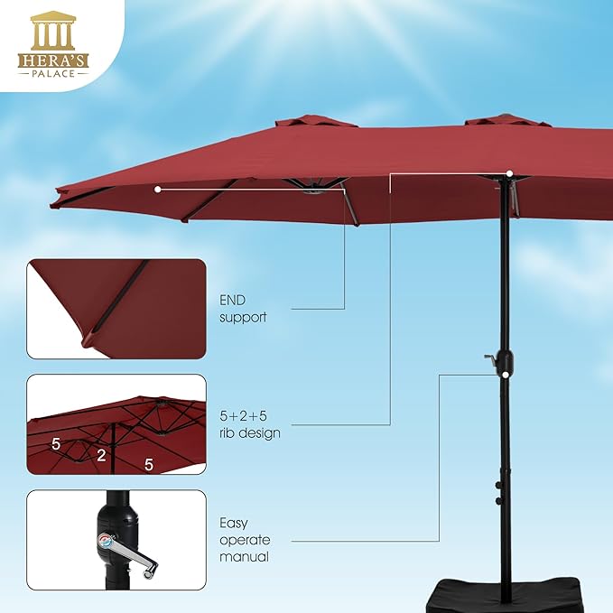 HERA'S PALACE Umbrella Patio Outdoor with Base 15ft Rectangle Table Double Market Umbrellas Clearance Large Included Stand for Deck Outside Pool Picnic Inground Yard Commercial, Burgundy