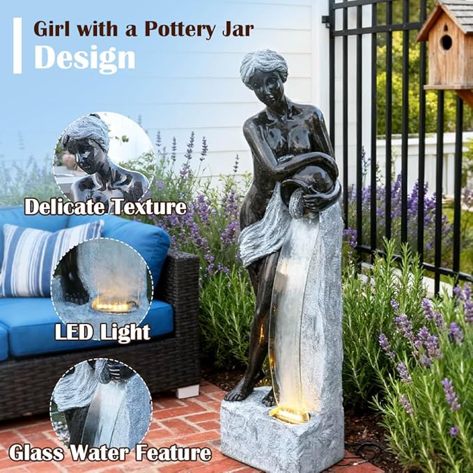 53.5" H Modern Art Lady Fountain, Outdoor Garden Fountain with Curved Glass Flowing Water, Can Shape and LED Light Design, Imitation Rock Texture Base Unique Waterfall Fountain for Home, Yard Decor