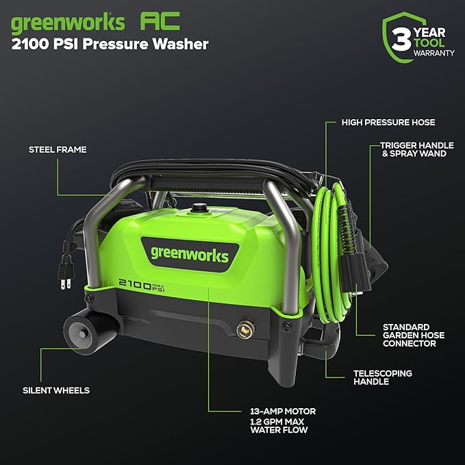 Greenworks 2100 PSI (1.2 GPM) Electric Pressure Washer (25°, 40°, Turbo Nozzle, Soap Applicator) for Use On Decks, Fences, Concrete Patios, Sidewalks & More. Medium-Duty