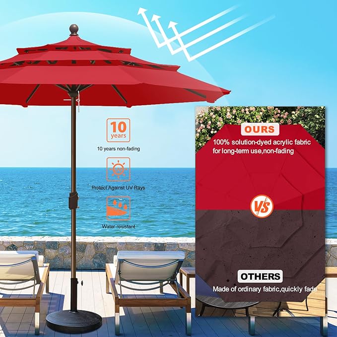 Eurmax USA 10-Year-Non-Fading 10FT 3-Tier Outdoor Patio Market Umbrella,UPF50+ UV Resistant,Heavy Duty Commercial Grade,Crank Lift Design,Windproof Vented Top for Garden,Pool,Deck,Logo Red