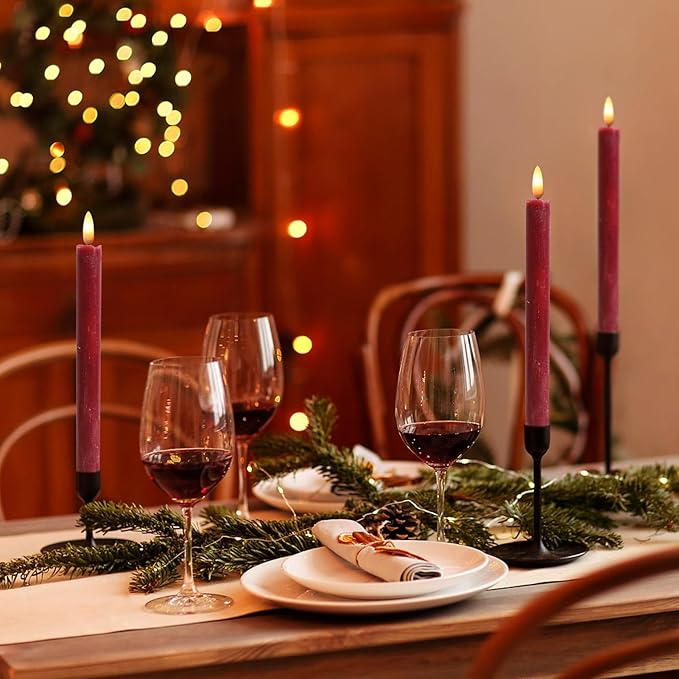 Wondise Flameless Taper Candles with Timer, 3 Pack Battery Operated LED Flickering Real Wax Red Candle for Christmas Wedding Dinner Decorations