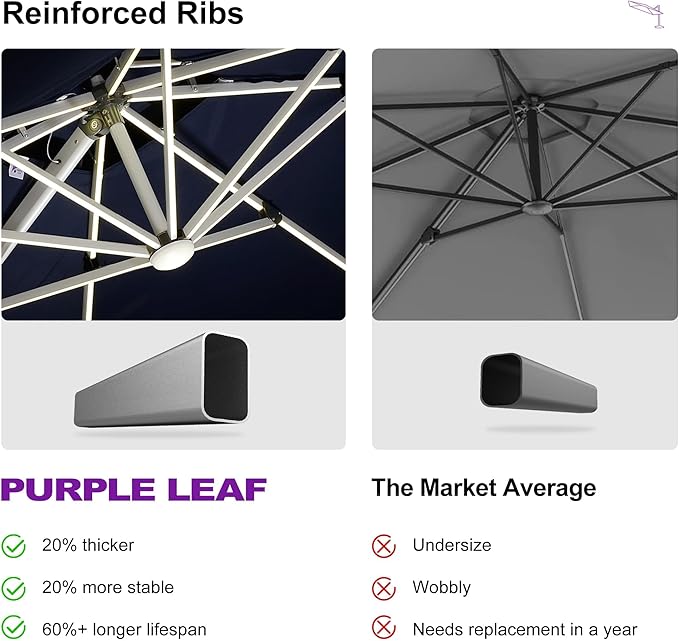 PURPLE LEAF 11' X 11' Solar Powered LED Patio Large Umbrella Offset Double Top Hanging Umbrella Outdoor Market Umbrella for Garden