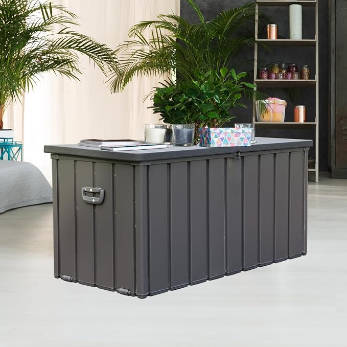 Geelife 100 Gallon Outdoor Storage Deck Box - Steel Dark Gray - Lockable Lid 100 Gallon - Outdoor Lawn, Porch - Weather-Resistant