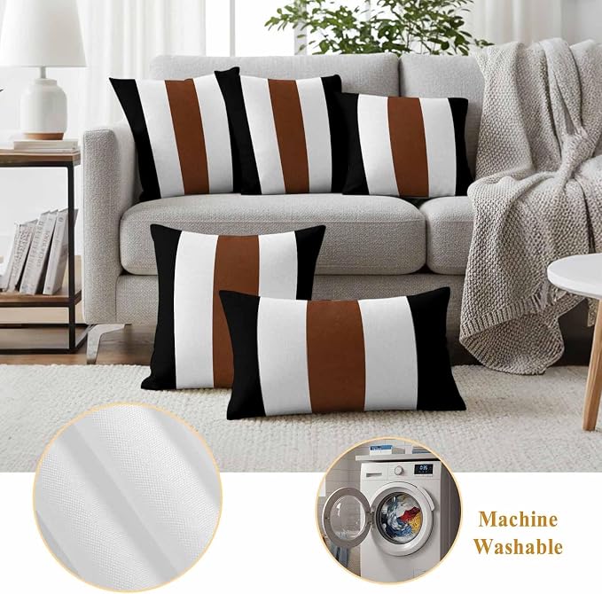 Boho Black Outdoor Waterproof Throw Pillow Covers Set of 2, 26"x26", Brown and White Striped Tribal Farmhouse Style Decorative Pillow Covers Outside Cushion Case for Patio Porch Garden