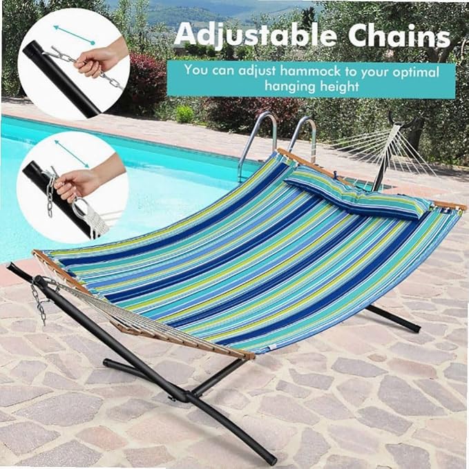 Beech Wood Foldable Patio Hammock with Detachable Pillow & Adjustable Chains, 55.5x75in, 265lb Capacity, Blue & Green Mix Color