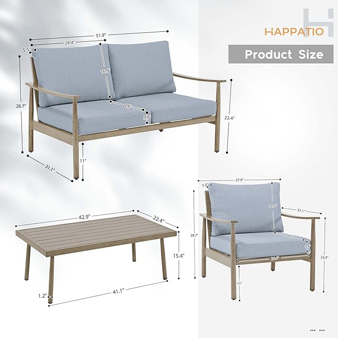 HAPPATIO Patio Outdoor Furniture Set - 4 Piece Aluminum Patio Conversation Set with 1 Coffee Table, 2 Armchairs and 1 Loveseat, Aluminum Outdoor Furniture Set for Backyard Deck Poolside (Brown)