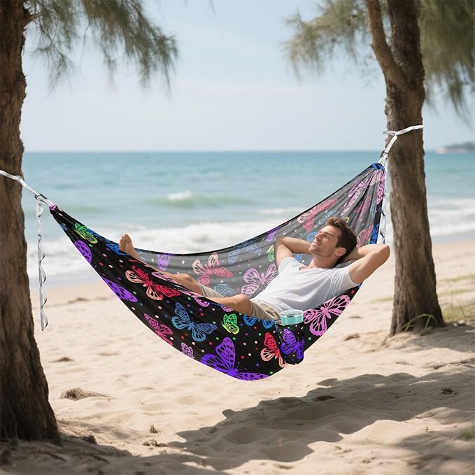 Camping Hammock Outdoor Hammocks for Outside Rainbow Butterfly Black Beach Trees Portable Lightweight with Pockets Tree Straps Indoor