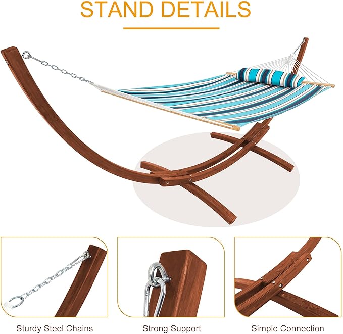 Lazy Daze 12FT Sunbrella Fabric Hammock with 13FT Wood Arc Stand, Free Pillow Fits for Two Persons, All Weather and Fade Resistant for Patio Yard, 450 lbs Weight Capacity, Token Surfside
