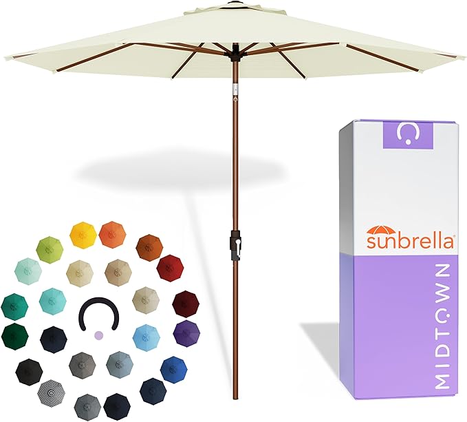 Midtown Umbrellas Wooden 2-8 Ft Patio Umbrella with 360° Swivel & Tilt Mechanism, 8 Fiberglass Ribs & Sunbrella Fabric - Outdoor Umbrella for Deck, Pool & Garden - Burgundy Canopy, Wooden Pole