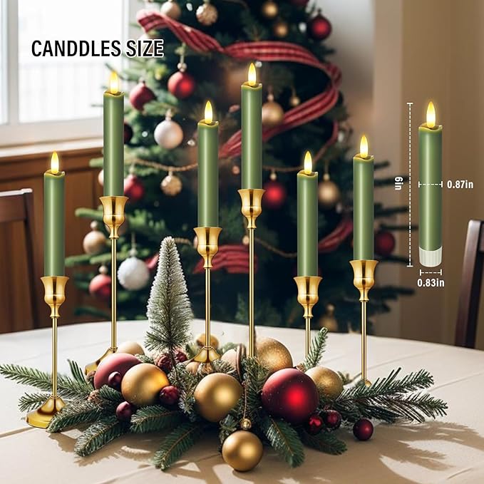 KSWING Upgraded Real Wax Short LED Flameless Taper Candles with Remote, 6 PCS Winter Moss Candlesticks Battery Operated 3D Flickering for Home/Wedding/Fireplace Xmas Decor
