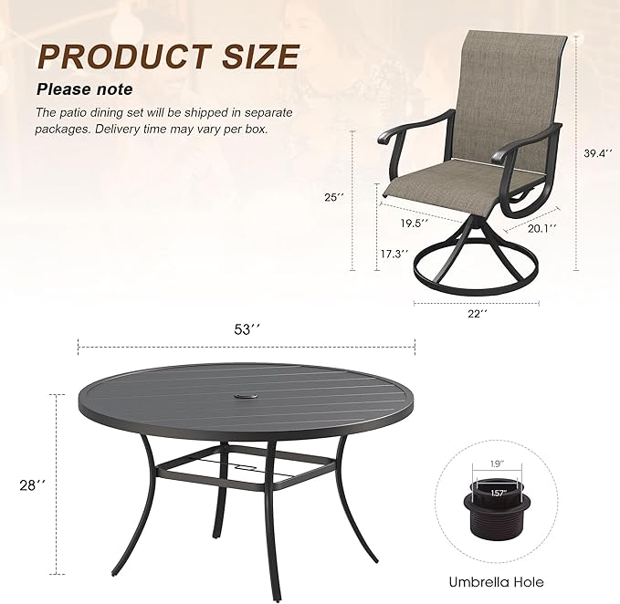 VICLLAX Patio 9 Pieces Outdoor Dining Set,Wrought Iron Metal Outdoor Table and Chairs Set,54" Round Table with Umbrella Hole and 8 Swivel Textilene Chairs for Lawn,Garden,Porch,Black/Brown